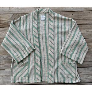 ZARA Kimono wm Small Beige Green Striped The Beth Rustic Summer Boho Beach Cover
